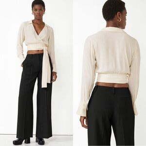 & OTHER STORIES Wrap Cream Belted Long Sleeve Viscose Tie Blouse Top